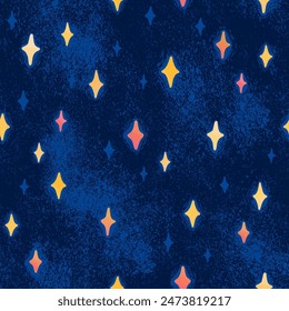 Vector hand drawn seamless pattern with stars. Vintage dark background and bright orange stars. Abstract magic cosmic sky. Design for textile print, page fill, wrapping paper, web, cover