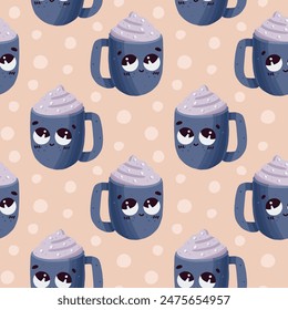 Vector hand drawn seamless pattern with cute cups of tea or coffee Smiling cups with hot drink Wrapping design