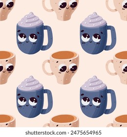 Vector hand drawn seamless pattern with cute cups of tea or coffee Smiling cups with hot drink Wrapping design