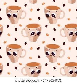 Vector hand drawn seamless pattern with cute cups of tea or coffee Smiling cups with hot drink Wrapping design