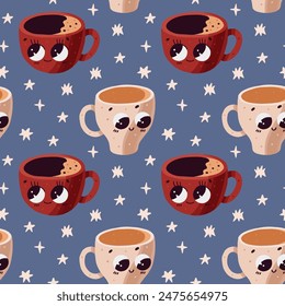 Vector hand drawn seamless pattern with cute cups of tea or coffee Smiling cups with hot drink Wrapping design