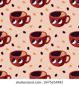 Vector hand drawn seamless pattern with cute cups of tea or coffee Smiling cups with hot drink Wrapping design