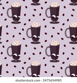 Vector hand drawn seamless pattern with cute cups of tea or coffee Smiling cups with hot drink Wrapping design