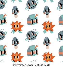 Vector hand drawn seamless pattern cute kids elements Planet Juice Mushroom Badge Wrapping design