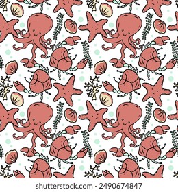 Vector hand drawn seamless pattern with star fish and octopus.Underwater life theme.