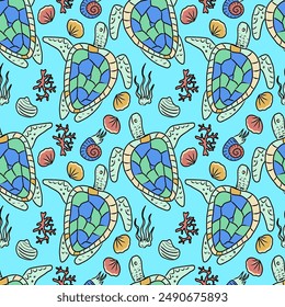 Vector hand drawn seamless pattern with sea turtle and seashells.Underwater life theme.