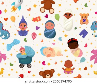 Vector hand drawn seamless pattern with cute cartoon nursery accessories, babies, toys isolated on white background. Childish texture for fabric, wrapping, textile, wallpaper, baby clothes, interior