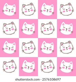 Vector hand drawn seamless pattern. Vector hand drawn seamless pattern. White cat faces on a pink chessboard background