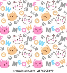 Vector hand drawn seamless pattern. Smiling cat faces, the text meow and paw prints in a chaotic order on a white background