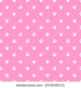 Vector hand drawn seamless pattern. Arranged paw prints of pets in polka dots white colors on pink background