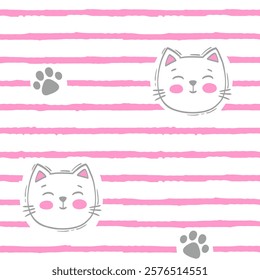 Vector hand drawn seamless pattern. Whit cat faces and paw prints on white background with pink stripes