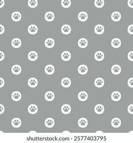 Vector hand drawn seamless pattern. Arranged paw prints of pets in polka dots white colors on grey background