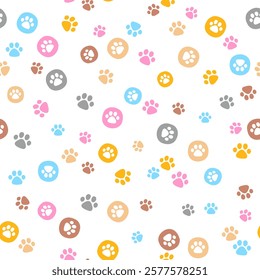 Vector hand drawn seamless pattern. Arranged paw prints of pets in polka dots pastel colors on whit background