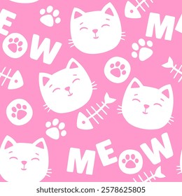 Vector hand drawn seamless pattern. Cat faces, the text meow and paw prints in a chaotic order on a white background