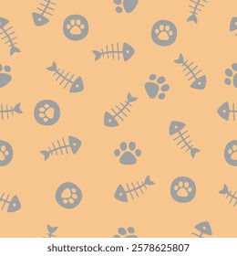 Vector hand drawn seamless pattern. Grey fish skeleton and cats paw prints in a chaotic order on a brown background