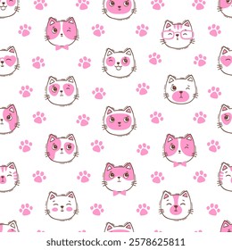Vector hand drawn seamless pattern. Cat faces and cat paw prints on pink grid background