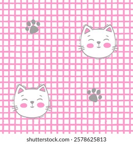 Vector hand drawn seamless pattern. White cat faces and cat paw prints on pink grid background