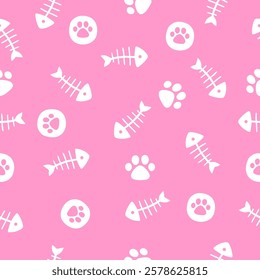 Vector hand drawn seamless pattern. White fish skeleton and cats paw prints in a chaotic order on a white background