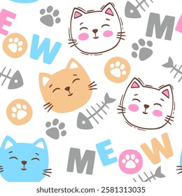 Vector hand drawn seamless pattern. Smiling cat faces, the text meow and paw prints in a chaotic order on a white background