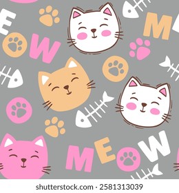 Vector hand drawn seamless pattern. Smiling cat faces, the text meow and paw prints in a chaotic order on a grey background