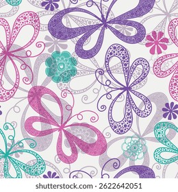 Vector hand drawn seamless pattern with fantasy colorful dotted butterflies and flowers on white background. For packaging, wallpaper, textiles