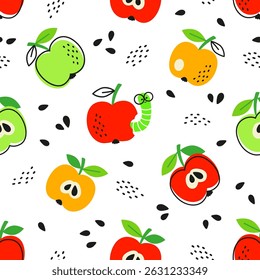 Vector hand drawn seamless pattern. Red and green apples on white background