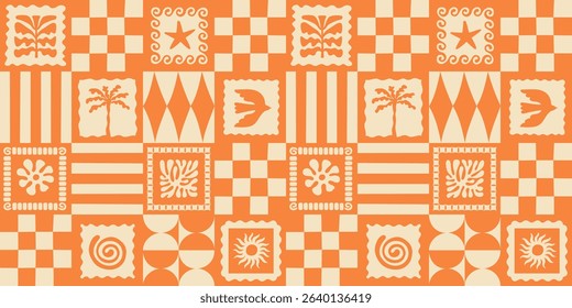 Vector hand drawn seamless pattern graphics with silhouette summer and vacation illustrations, print design template, tropical illustrations, trendy naive cut out style, patchwork and mosaic stamps