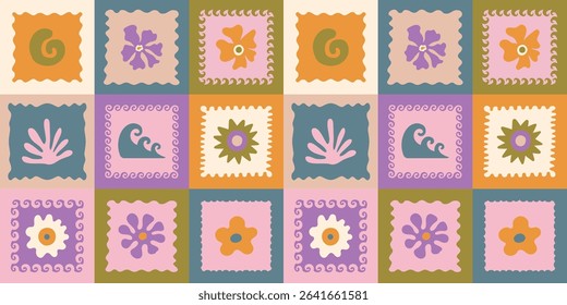 Vector hand drawn seamless pattern graphics with silhouette summer and vacation illustrations, print design template, tropical illustrations, trendy naive cut out style, patchwork and mosaic stamps