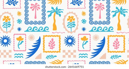 Vector hand drawn seamless pattern graphics with silhouette summer and vacation illustrations, print design template, tropical illustrations, trendy naive cut out style, patchwork and mosaic stamps