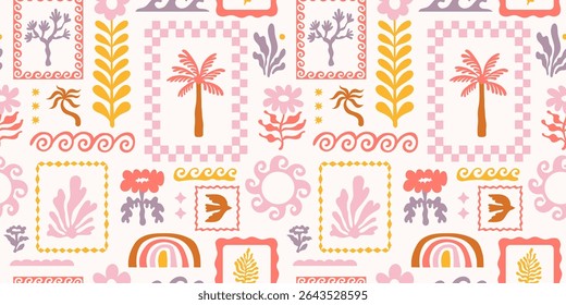 Vector hand drawn seamless pattern graphics with silhouette summer and vacation illustrations, print design template, tropical illustrations, trendy naive cut out style, patchwork and mosaic stamps