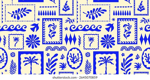Desenhado à mão vetor gráficos padrão sem costura com silhueta verão e férias ilustrações, modelo de design de impressão, ilustrações tropicais, estilo de corte ingênuo moderno, patchwork e selos de mosaico