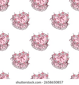 Padrão sem costura desenhado à mão do vetor. Pastel rosa, Coquette padrão em fundo branco com Vintage Cake. Impressão na moda para seus designs