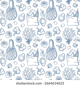 Vetor mão desenhado padrão sem costura com verduras de verão e ervas (brócolis, abacate, limão, alho, azeitonas) em linha azul arte moderna mediterrânica agricultores estilo de mercado