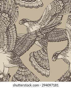 Vector hand drawn seamless pattern with decorative ornamental eagles