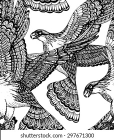 Vector hand drawn seamless pattern with decorative ornamental eagles.
