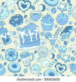vector hand drawn seamless pattern with cake, tea, coffee and  sweets, candies and lollipops in blue tone
