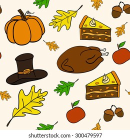 A vector hand drawn seamless pattern of Thanksgiving icons with fresh turkey, tasty pumpkin pie, orange pumpkin, hat, acorn and leaves