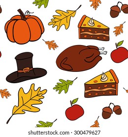 A vector hand drawn seamless pattern of Thanksgiving icons with fresh turkey, tasty pumpkin pie, orange pumpkin, hat,  acorn and leaves
