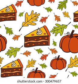 A vector hand drawn seamless pattern of Thanksgiving icons with tasty pumpkin pie, orange pumpkin, and leaves