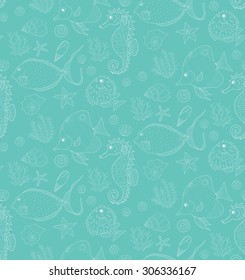 Vector hand drawn seamless pattern with fish, shells and seaweeds. Ocean background.
