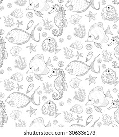 Vector hand drawn seamless pattern with fish, shells and seaweeds. Ocean background.