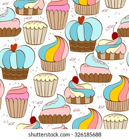 Vector hand drawn seamless pattern  with cupcakes