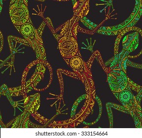 Vector hand drawn seamless pattern with  lizard or salamander with ethnic tribal pattern. Colorful beauty reptile decoration