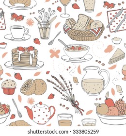 vector hand drawn seamless pattern with various cute breakfast items