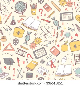 vector hand drawn seamless pattern with education items