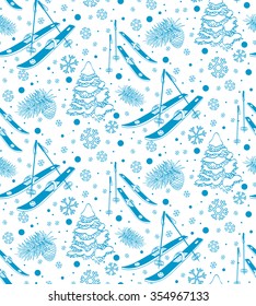 Vector hand drawn seamless pattern of skis and ski poles