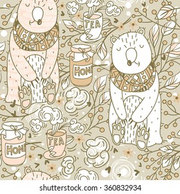vector hand drawn seamless pattern with cute bears, tea and honey