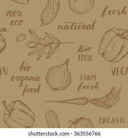 Vector hand drawn seamless pattern. Bio organic food, 100% eco, natural, fresh, vegan. Carrot; paprika; onion; olive; cucumber; tomato.