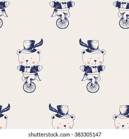 vector hand drawn seamless pattern in vintage style.Baby Bear ridding on a bicycle. Bear gentleman/circus/can be used as kids or baby's shirt design/textile/ fashion