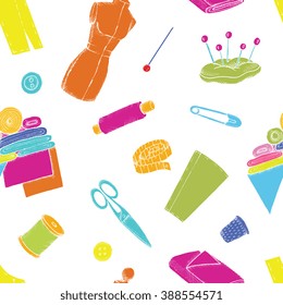 Vector hand drawn seamless pattern - sewing supplies on white background. Rolls of fabric, thimble, pattern, dummy, needles, spools of thread. Tailoring items, design for textile, apparel, paper.